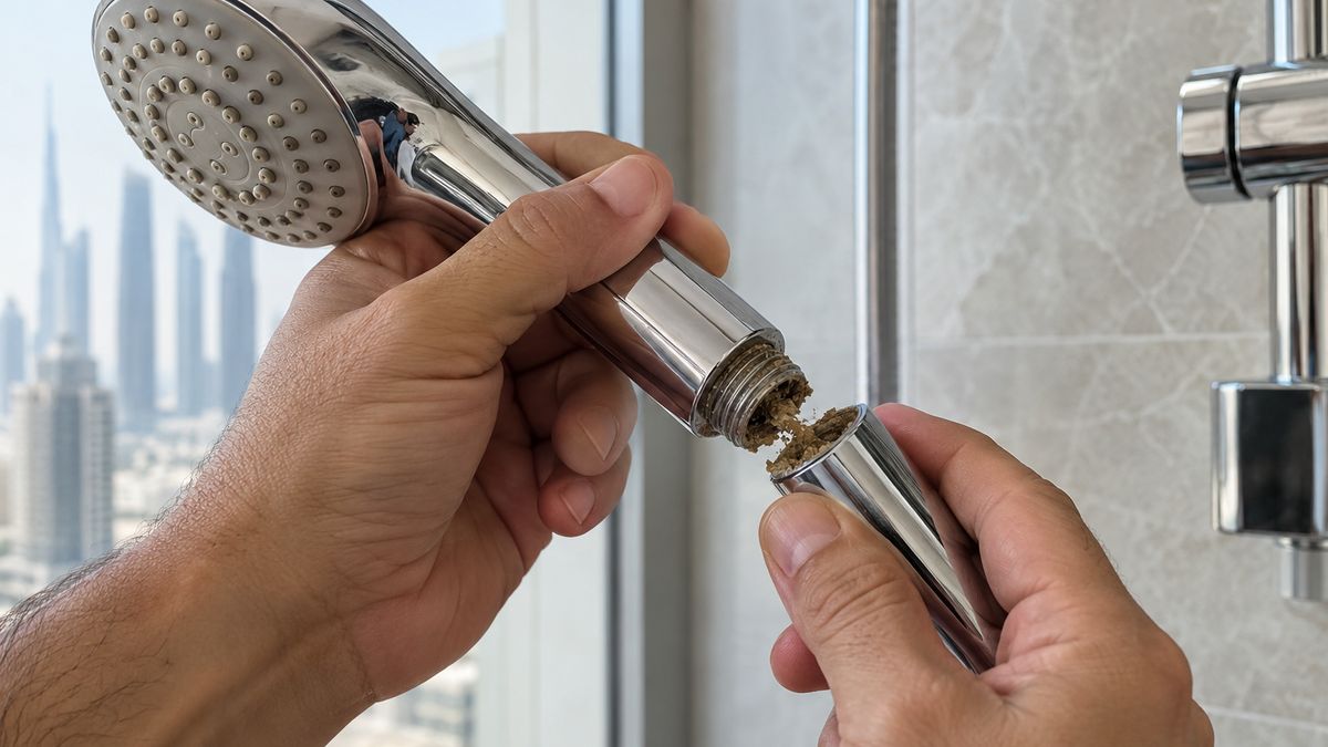 Hands unscrewing a shower head to check for grit in a Dubai bathroom