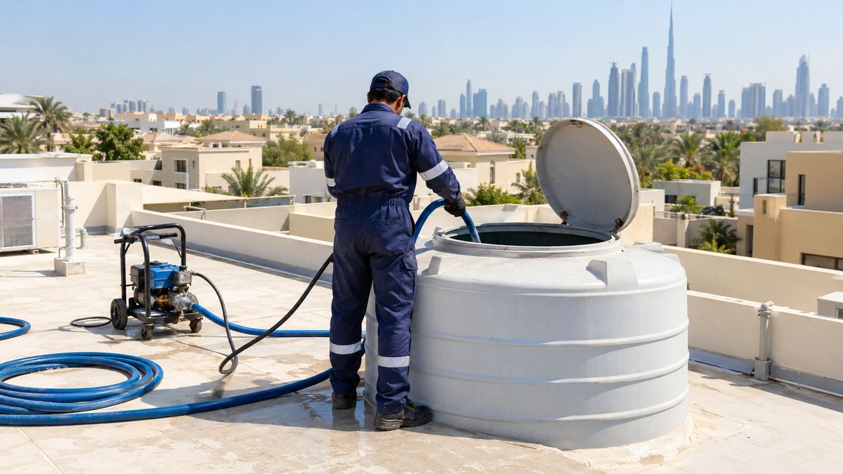 Technician beside an open rooftop water tank on a Dubai villa roof
