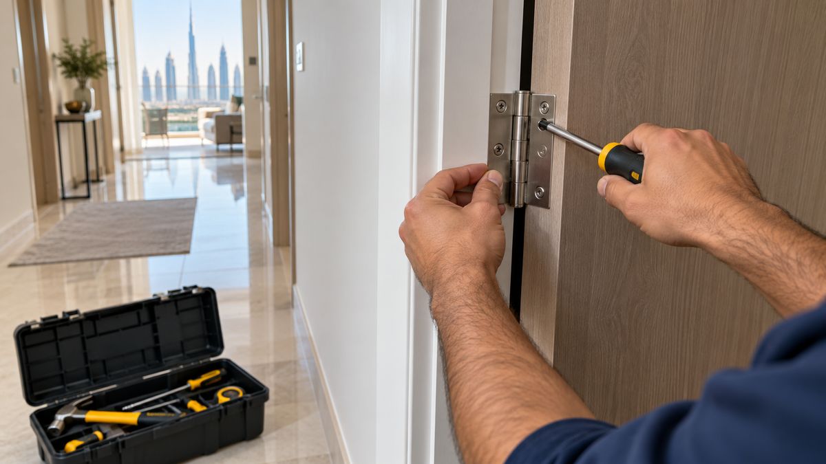 Handyman adjusting the hinge of an interior door in a modern Dubai apartment