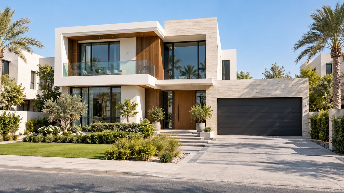 Modern Dubai villa exterior in bright daylight with a tidy garden