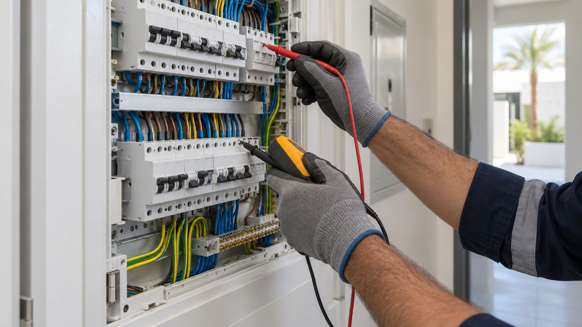 Technician hands checking an electrical distribution board in a villa