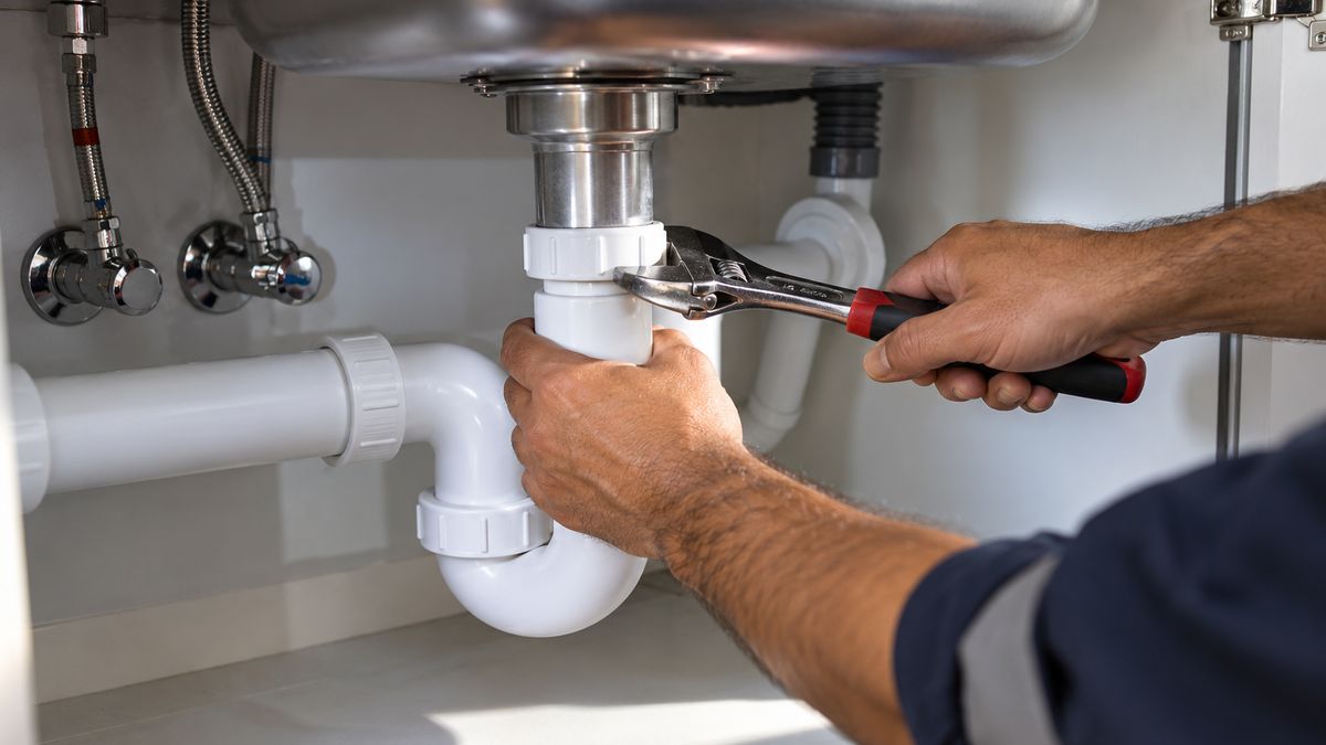 Technician checking a kitchen tap and pipework under a sink in a Dubai villa