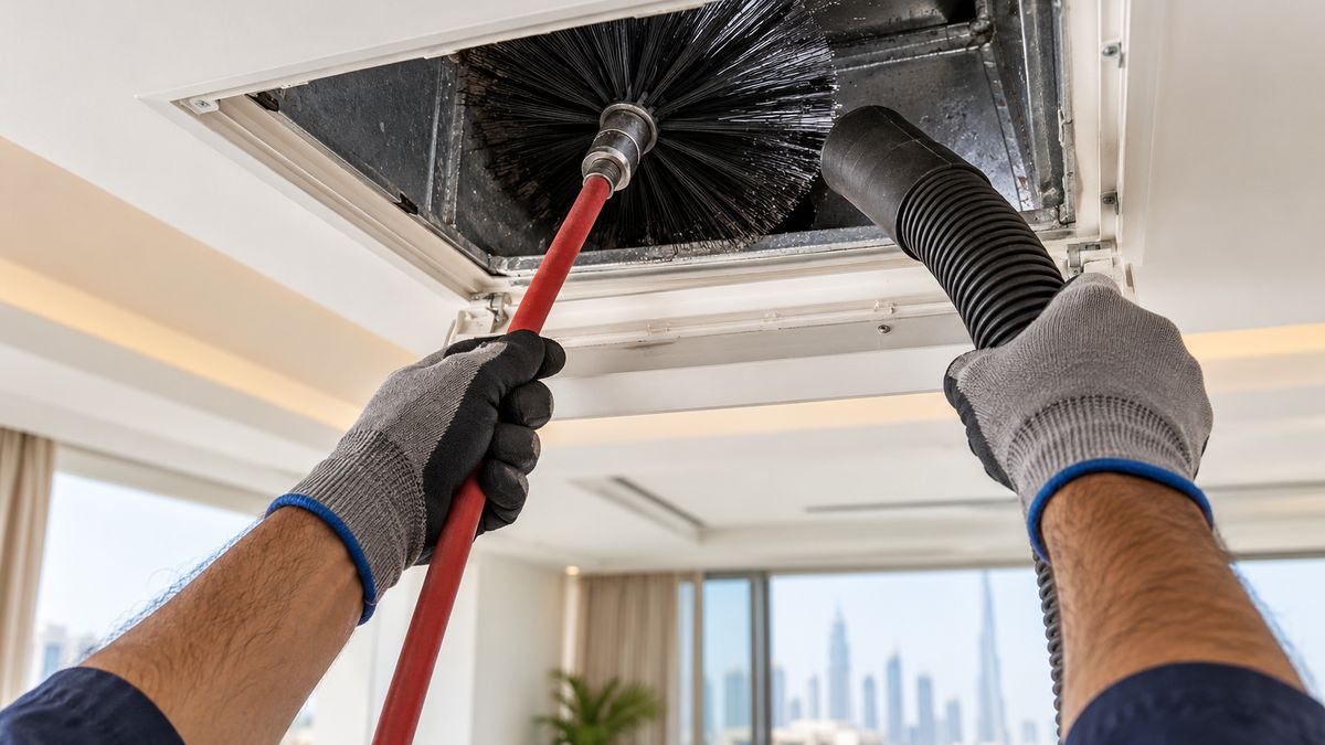 Technician opening a duct access panel with a brush and vacuum hose