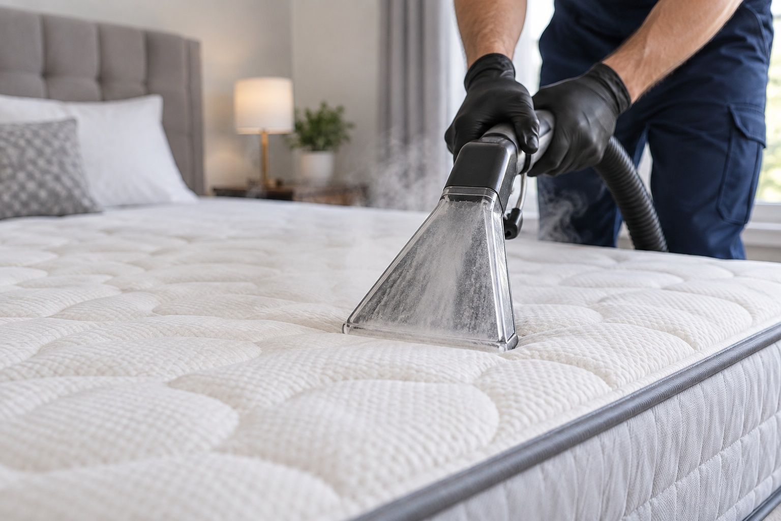 Mattress being steam-cleaned with a hot-water extraction wand